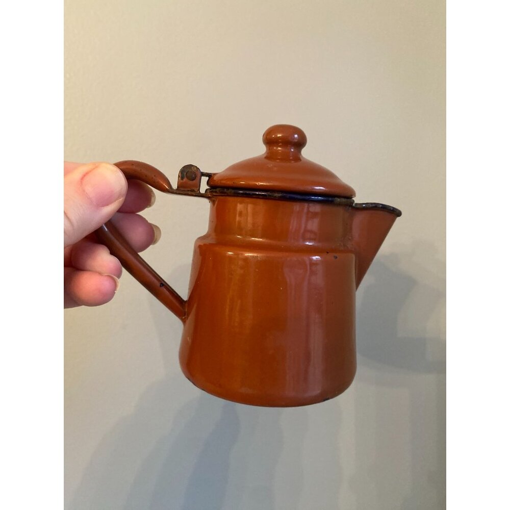 Vintage Brown Enamel Teapot With Lid 5" Tall Child Size Collectible Rustic Decor